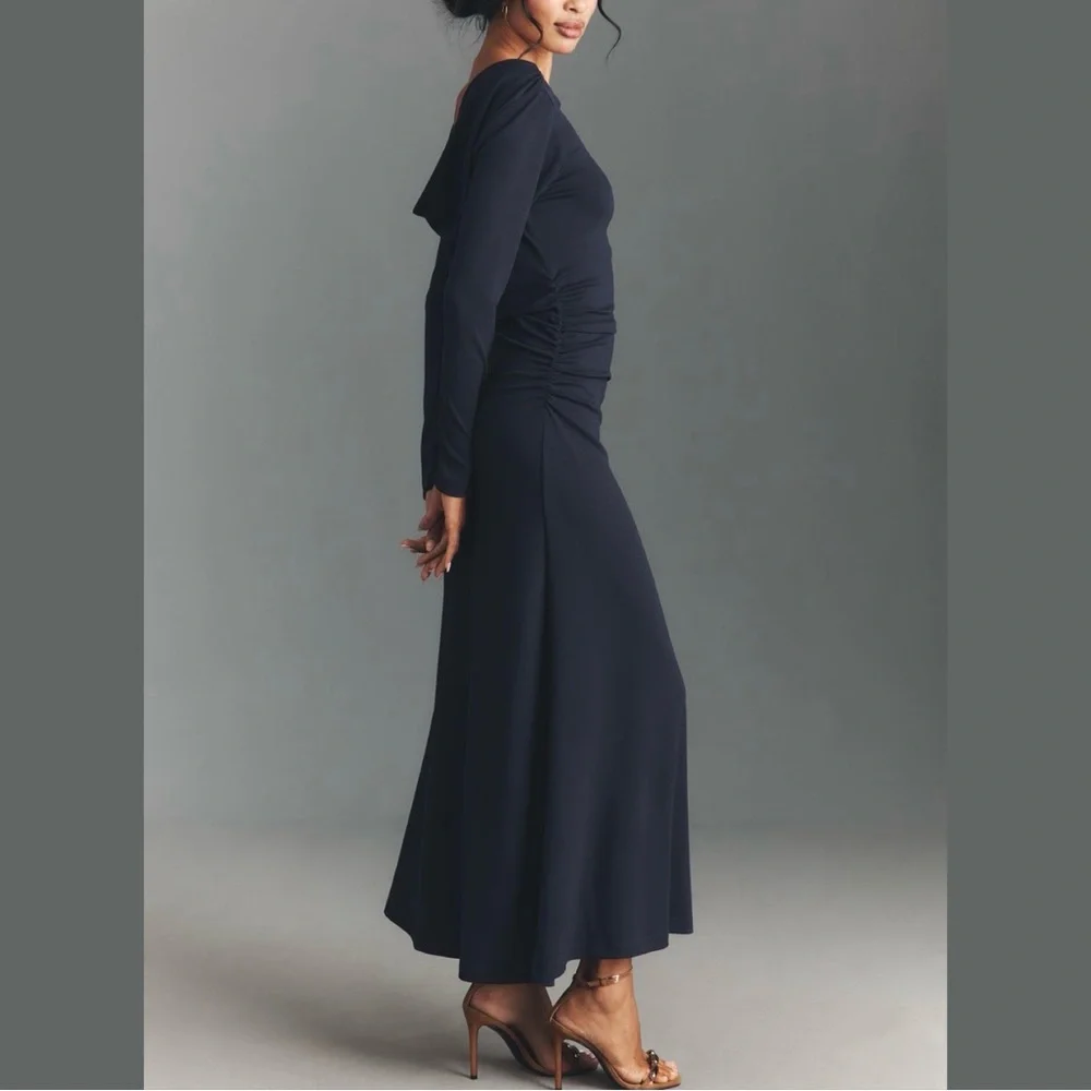Anthropologie Long-Sleeve Cowl-Back Maxi Dress Navy Blue Medium NWT - Picture 3 of 13
